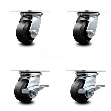 4 Inch Rubber on Steel Swivel Caster Set with Ball Bearings 2 Brakes SCC